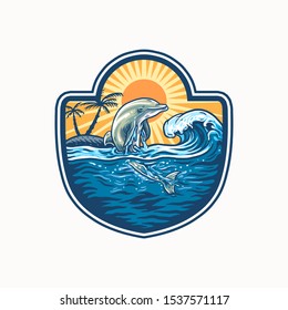 Vector illustration of dolphin jumps over the sea