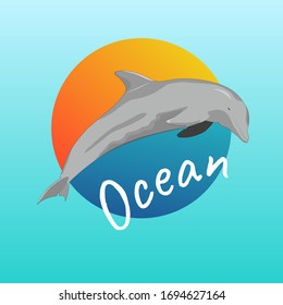 Vector illustration. Dolphin on a round background, the concept of the ocean and the setting sun. Logo, picture for web.