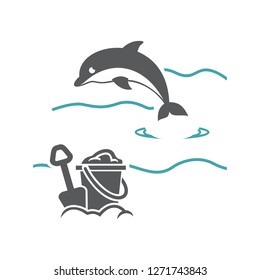 Vector illustration a dolphin on sea waves and children's set for sand. Set of vector symbols. Sea tour with children all family, pleasant impressions. Flat design Monohrome