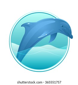 Vector illustration of a dolphin and sea in the circle for logos, icons, design elements for your creativity