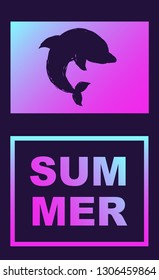 Vector Illustration of Dolphin Summer Poster with Synth or Retro Wave Style. Graphic Design for Background, Template or Layout. 