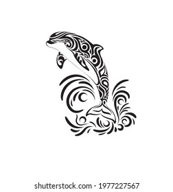 Vector illustration of dolphin tattoo on waves in tribal style