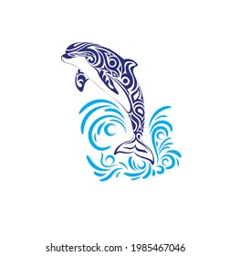 Vector illustration of dolphin tattoo on waves in tribal style