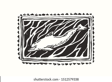 Vector Illustration With Dolphin In Water. Sea Animal Sketch In Linocut Style. Funny Postal Stamp With Ocean Life.