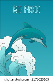 Vector illustration of a dolphin with waves in cartoon style. Hand-drawn illustration for kids rooms design, postcard decoration, cover, book, poster design. Illustration of cute animal.