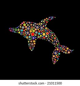 Vector illustration of dolphine shape  made up a lot of  multicolored small flowers on the black background