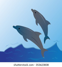 Vector illustration dolphins jump out of ocean or sea