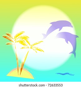 vector illustration of dolphins, palm-tree and sea