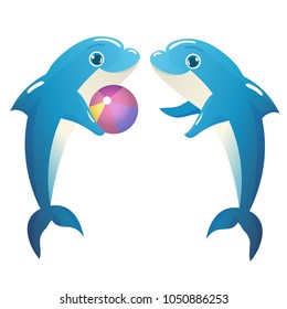 Vector illustration of dolphins playing with the ball on white background. Isolated elements