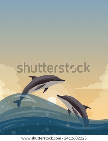Vector illustration. Dolphins, postcard, poster, vertical banner. Nature, animals, marine world.