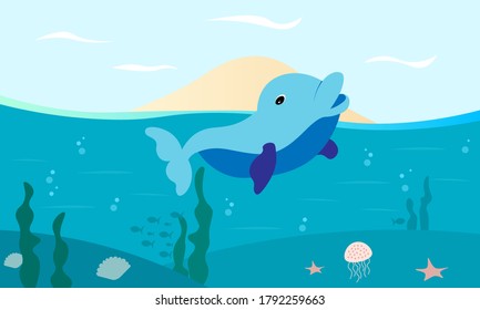 vector illustration of dolphins swim under the sea, life ecosystem in the ocean background concept.