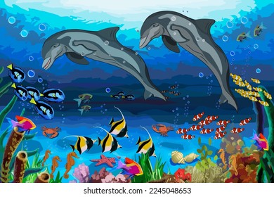 Vector illustration with dolphins.Underwater world landscape with flora and fauna in color vector illustration.