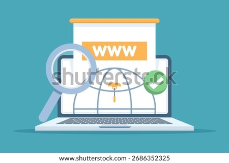Vector illustration of domain registration and communication concept. Depicts search engine optimization, SEO, website management, and internet technology in flat design style.