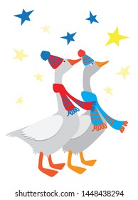 Vector illustration of domestic animal goose in hat and scarf. Winter greeting card. Flat graphic