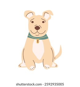 Vector illustration of a domestic dog, a happy dog in a collar and bandana, sitting and smiling. A friendly dog, man's best friend. For postcards, pet supplies logos, and dog products design.