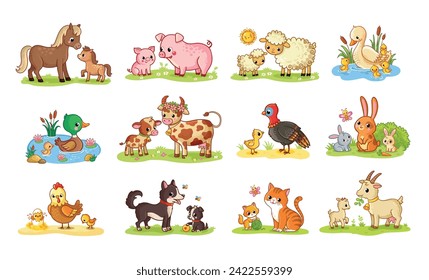 Vector illustration with domestic farm animals. Set of animals in cartoon style. Mom and baby farm animals.