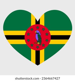 Vector illustration of the Dominica flag with a heart shaped isolated on plain background. I love Dominica. Happy Independence Day