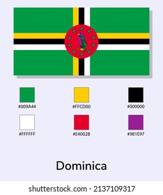 Vector Illustration of Dominica flag isolated on light blue background. Illustration Dominica flag with Color Codes. As close as possible to the original. ready to use, easy to edit. 
