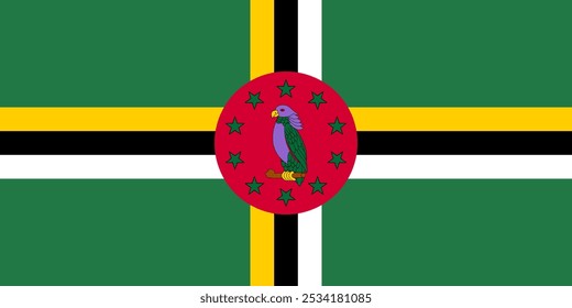 Ilustração vetorial da bandeira dominicana com listras verdes, amarelas, pretas, brancas e vermelhas com um emblema de papagaio central. Perfeito para projetos patrióticos, representações culturais e orgulho