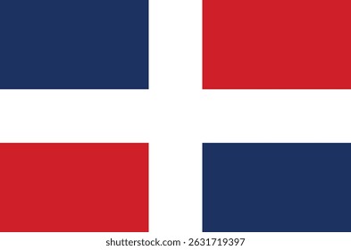 Ilustração vetorial da bandeira da República Dominicana com uma cruz branca centrada, quartos vermelhos e azuis vívidos e o brasão de armas nacional em detalhes intrincados.