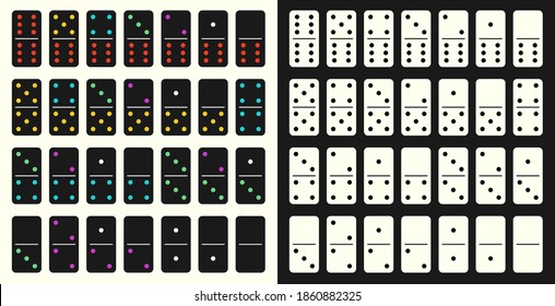 Vector illustration of Domino. Full set isolated on transparent and black background. Dominoes pieces, game, play, kids. black and white, colorful, strategy.