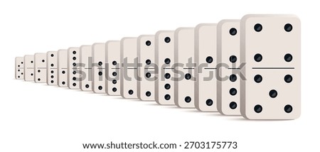 Vector illustration of domino tiles standing in a row in flat style. Classic rectangular domino pieces with perspective for board games, tabletop, and gaming design projects.