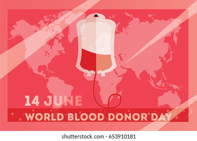 Vector illustration of Donate blood concept for World blood donor day-June 14. Blood bag full of whole blood with red world map on the background