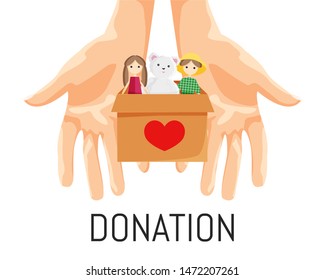 Vector Illustration of Donation Box with Children's Toys in Cartoon Style. Flat Concept Design of Charity Box in Open Palms isolated on White Background. Template of Voluntary Help, Social Care 