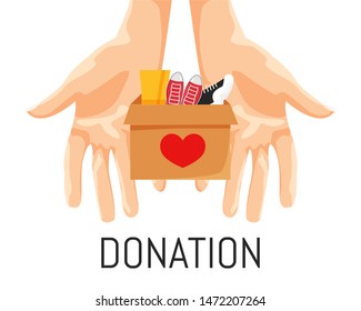 Vector Illustration of Donation Box with Footwear in Cartoon Flat Style. Concept Design of Voluntary, Charity and Social Care and Help. Usable for Poster, Banner, Flyer, Blog, Brochure. Box with Shoes