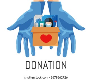 Vector illustration of donation box with masks, gloves, medicine, antibacterial things isolated. Concept design of hands in medical disposable blue gloves holding carton box with respirator protection