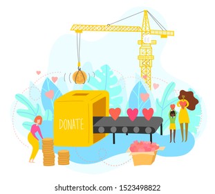 Vector Illustration of donation box and production line with hearts. Crane puts coin into the donation box. Woman picks up coin. Woman and child hold hearts. Illustration of donation and charity. 