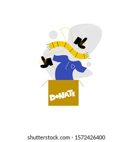 Vector illustration of donation box and t shirt, scarf and shoes, jumping in it. Clothes donation concept.