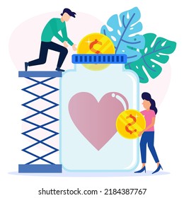 Vector Illustration Of Donation As A Form Of Volunteer Support Or The Concept Of Caring, Love And Solidarity Among Human Beings. Tree With Heart For Campaign Money Raisers And Growth.