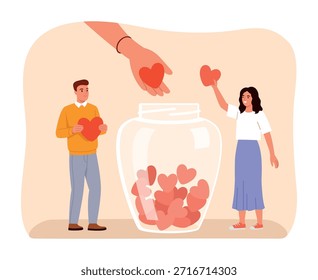 Ilustración vectorial de un frasco de donación. Escena de la historieta de un hombre y una mujer sonrientes que tiran corazones en un tarro de cristal lleno de corazones, aislados en el fondo blanco. Concepto de amor, caridad, ayuda, Asistencia.
