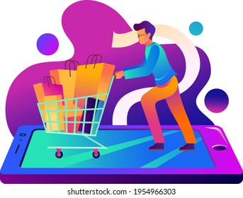 Vector illustration done in gradient style with some vibrant color combinations, shopping cart, smartphone payment, virtual narration....