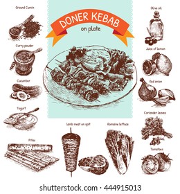 Ilustração vetorial de ingredientes doner kebab. Ilustração colorida desenhada à mão sobre fundo branco