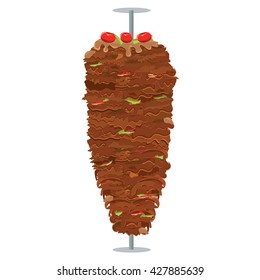 Vector illustration of Doner Kebab on pole, grilling with fat, pepper, tomatoes on top of it. Doner Kebap with solid and flat color design