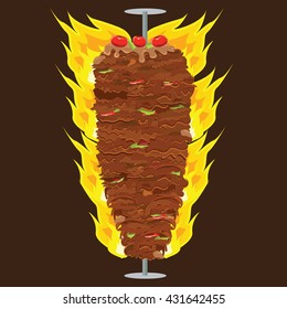 Vector illustration of Doner Kebab on pole, grilling with fat, pepper, tomatoes on top of it. Doner Kebap with solid and flat color design