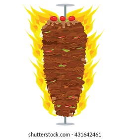 Vector illustration of Doner Kebab on pole, grilling with fat, pepper, tomatoes on top of it. Doner Kebap with solid and flat color design