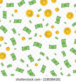 Vector illustration of Dong currency. Random pattern of banknotes and coins in green and gold colors on transparent background (PNG). 