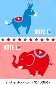 Vector Illustration Donkey And Elephant. United States Political Party Symbols