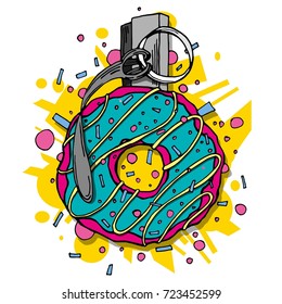 Vector illustration donut with bomb. No war, sweets better. 