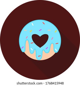 Vector illustration of donut can be used for greeting cards, party invitations, posters, prints and books. Doughnut icon with heart shaped in modern flat style. Donut in circle icon with long shadow.