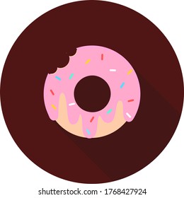 Vector illustration of donut can be used for greeting cards, party invitations, posters, prints and books. Doughnut icon with heart shaped in modern flat style. Donut in circle icon with long shadow.