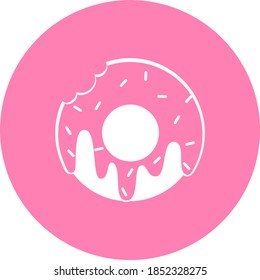 Vector illustration of donut can be used for greeting cards, party invitations, posters, prints and books. Doughnut icon shaped in round flat style. Donut in pink circle icon.