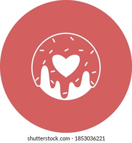 Vector illustration of donut can be used for greeting cards, party invitations, posters, prints and books. Doughnut icon with heart shaped in round flat style. Donut in red circle icon.