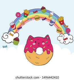 Vector illustration donut cat flying in the sky with fast food. Food character on the background of the rainbow and clouds 