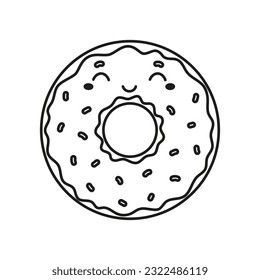 vector illustration of donut character in kawaii style with cute face, sweet food in contouring isolated on white background