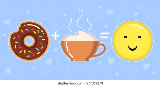 vector illustration of donut with chocolate glaze, cappuccino cup and smiling yellow face on blue background with hearts