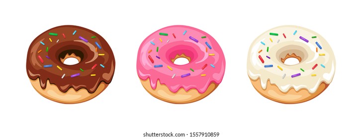 Vector illustration of donut with chocolate, pink and white glaze on white background